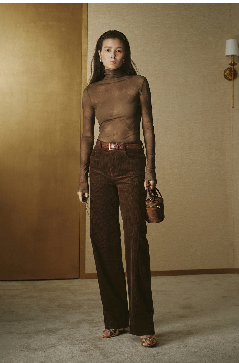 Printed Mesh Mockneck Top - Deep Coffee Check