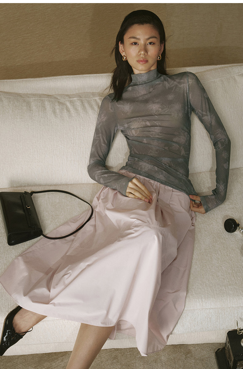 Printed Mesh Mockneck Top - Diamond Purple Check