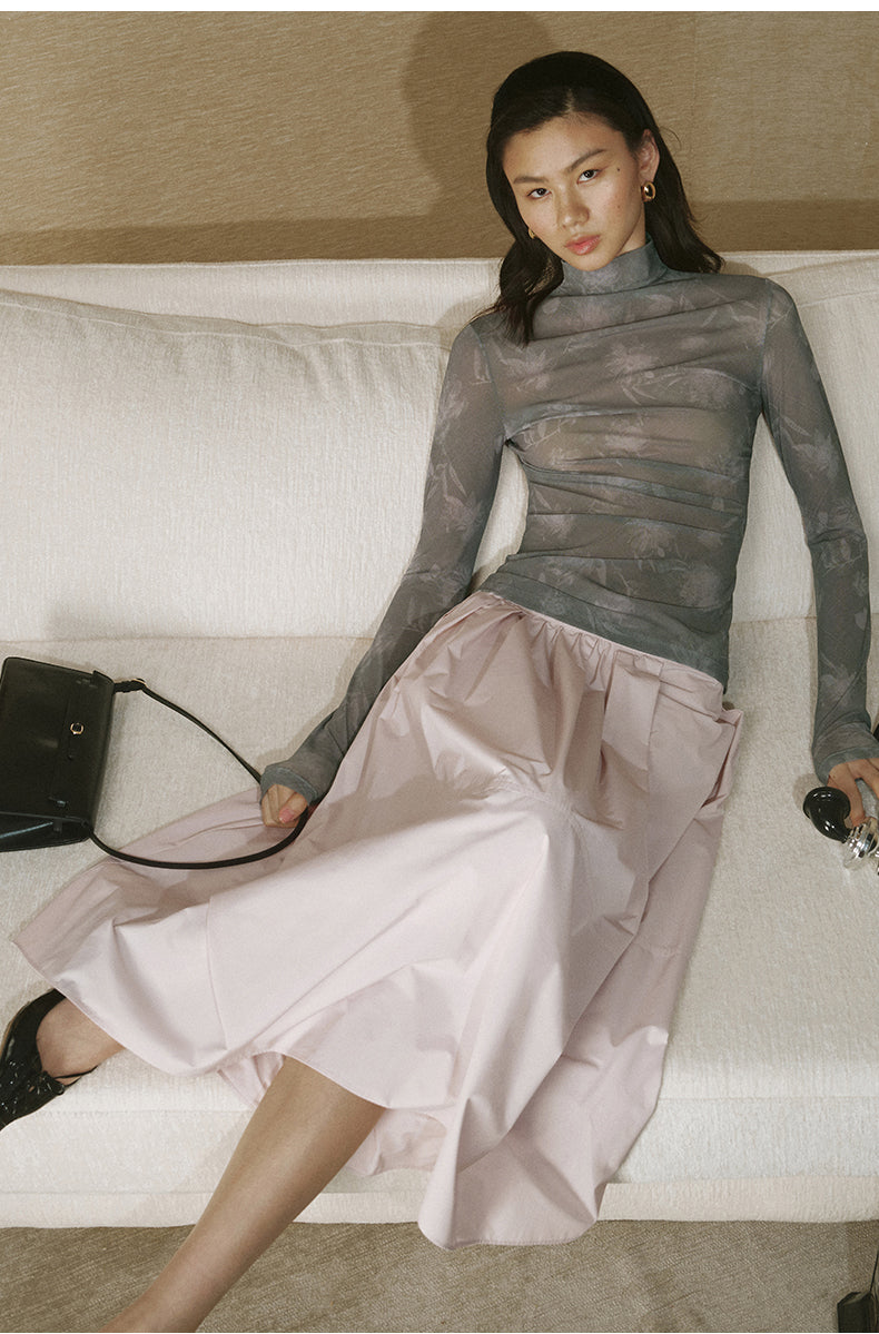 Printed Mesh Mockneck Top - Diamond Purple Check