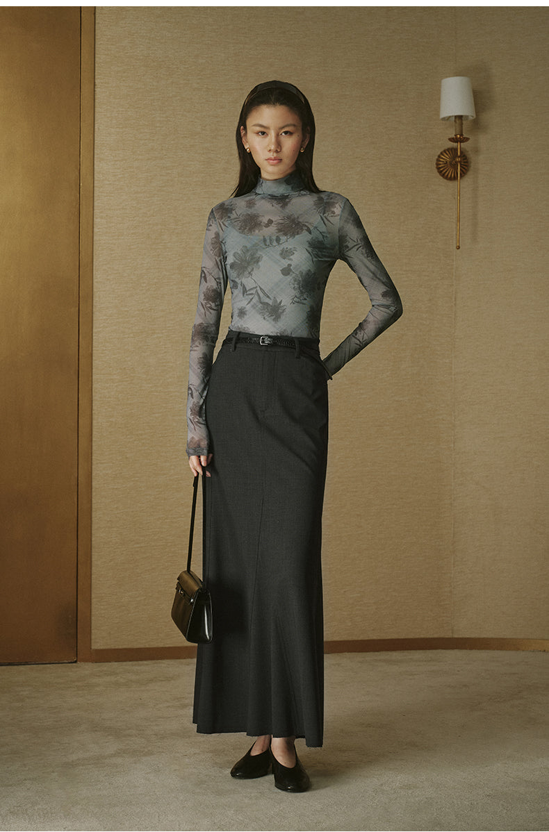 Printed Mesh Mockneck Top - Mist Grey Check