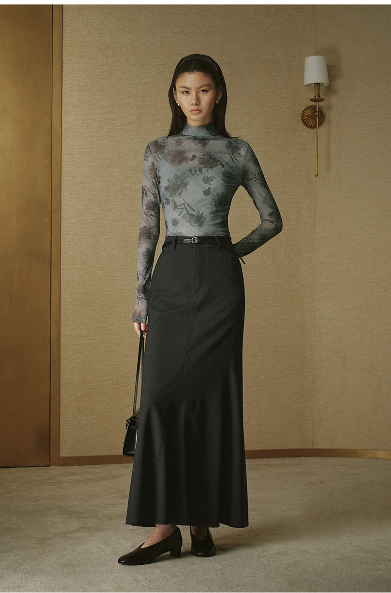 Printed Mesh Mockneck Top - Mist Grey Check