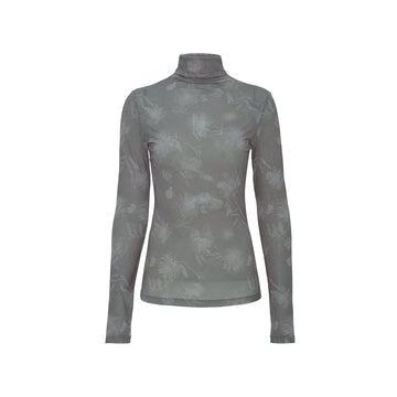 Printed Mesh Mockneck Top - Mist Grey Check