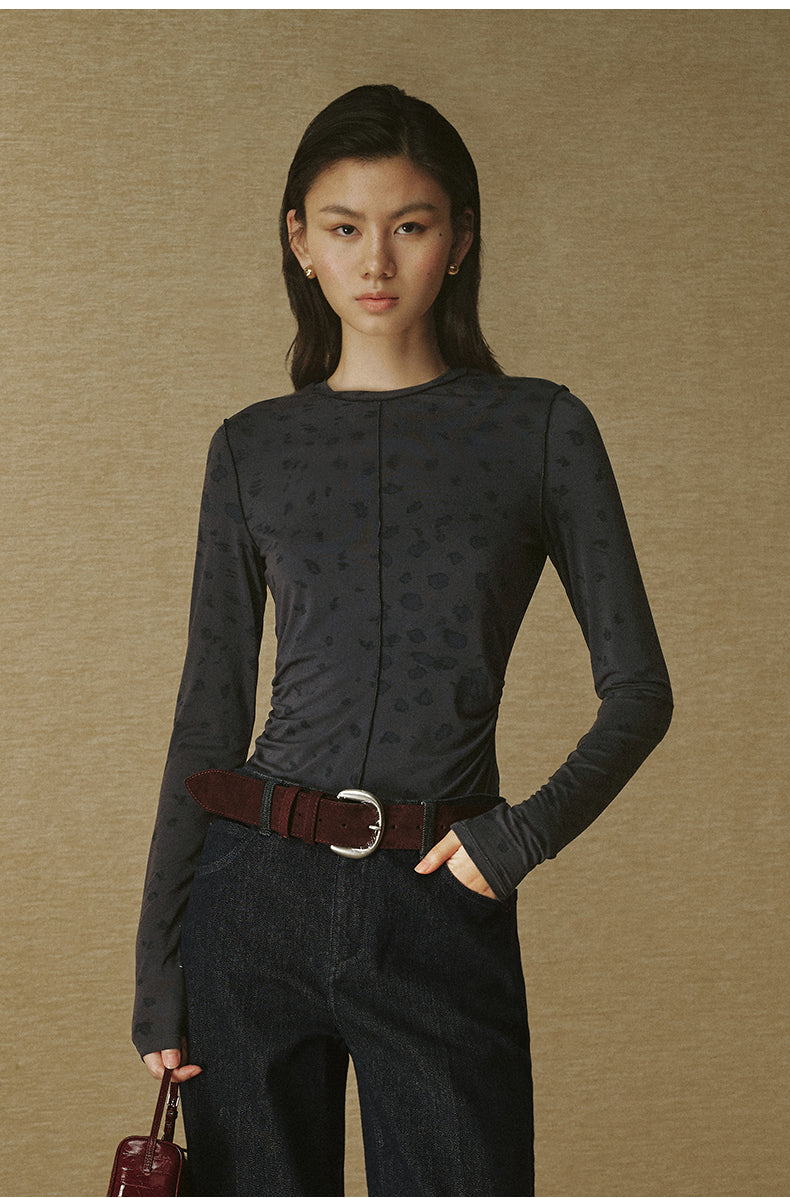 Leopard Print Ruched-Waist Top in Grey Black Leopard