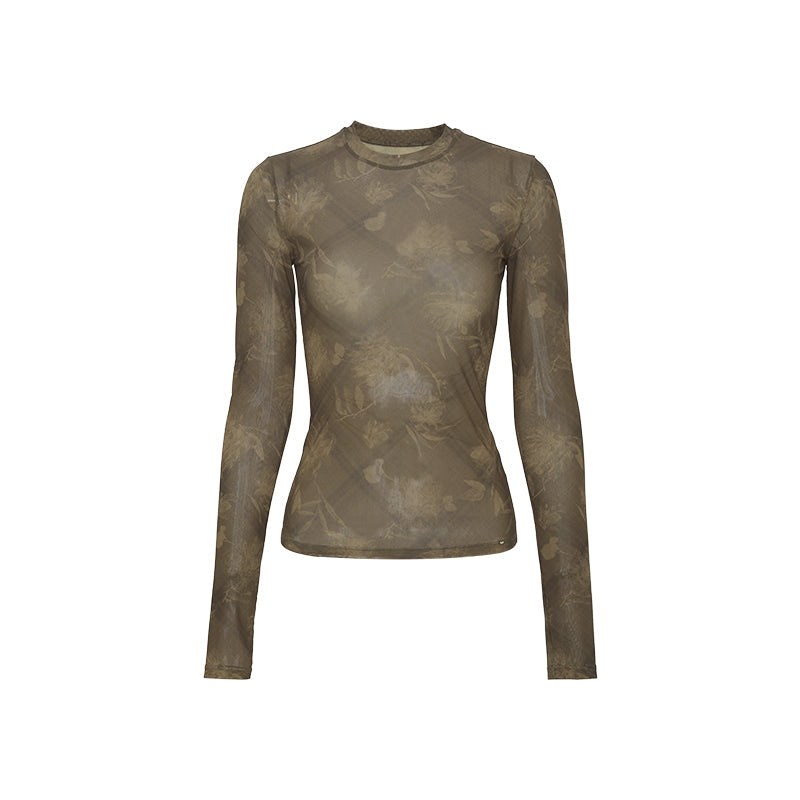 Printed Mesh Crewneck Top - Deep Coffee Check