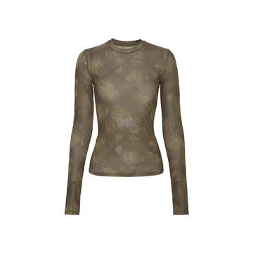 Printed Mesh Crewneck Top - Deep Coffee Check