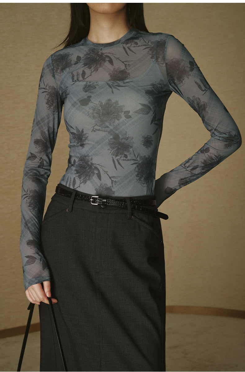 Printed Mesh Crewneck Top - Mist Grey Check
