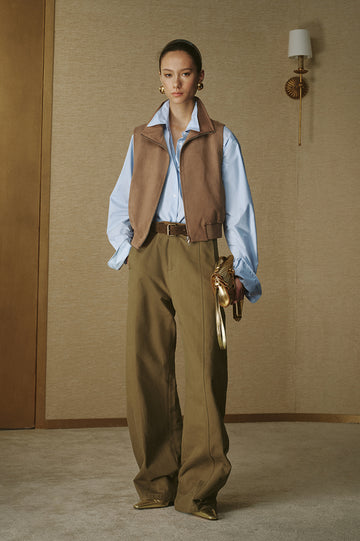 Faux Suede Zip-Up Vest in Amber Camel — look 1