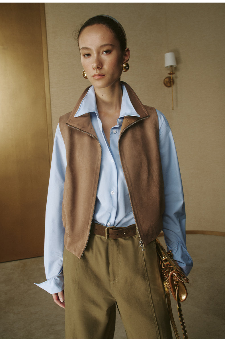 Faux Suede Zip-Up Vest in Amber Camel — look 4
