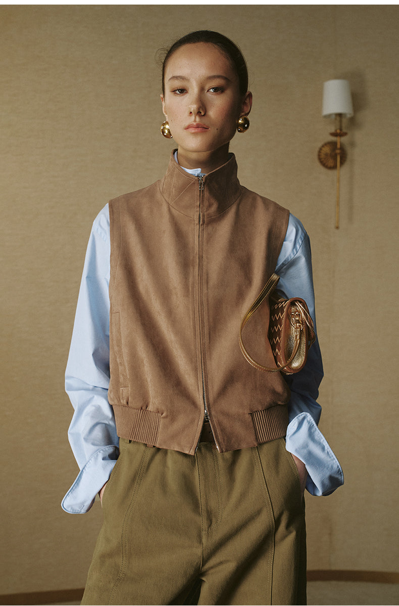 Faux Suede Zip-Up Vest in Amber Camel — look 5