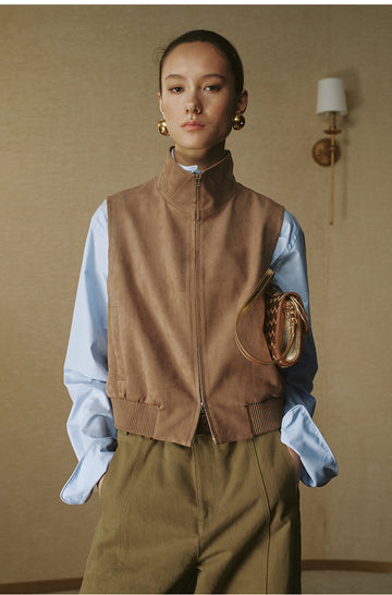 Faux Suede Zip-Up Vest in Amber Camel — look 5