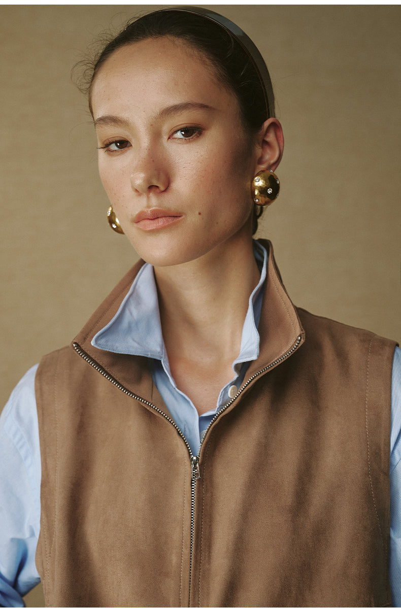 Faux Suede Zip-Up Vest in Amber Camel — look 6