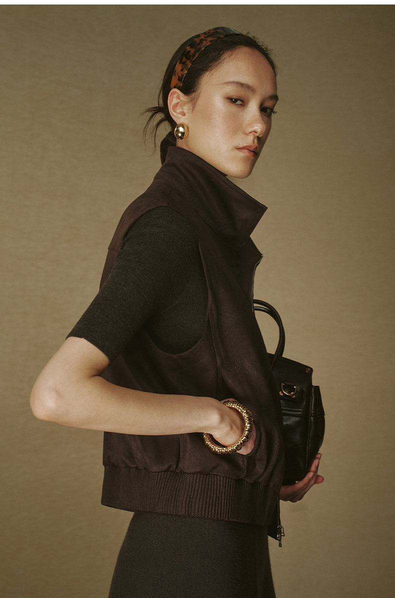 Faux Suede Zip-Up Vest in Deep Coffee — look 4
