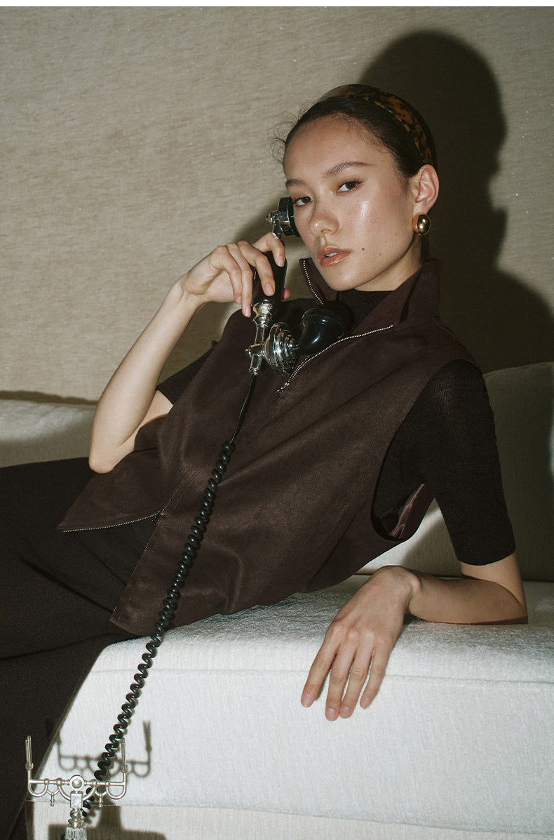 Faux Suede Zip-Up Vest in Deep Coffee — look 7