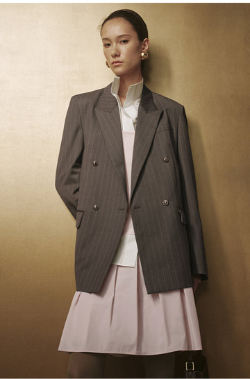 Double-Breasted Peak-Lapel Blazer - Coffee White Stripe