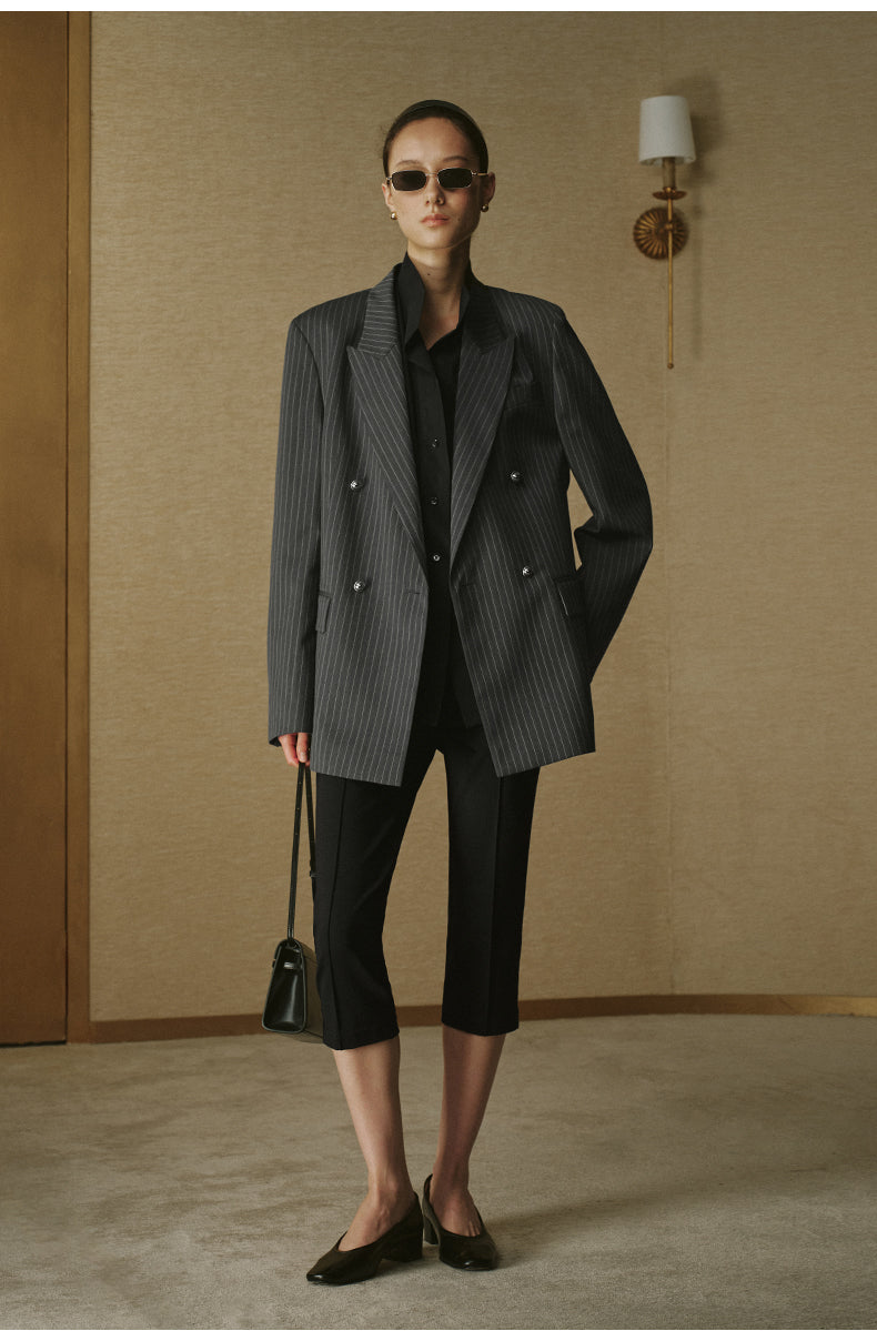Double-Breasted Peak-Lapel Blazer - Grey White Stripe