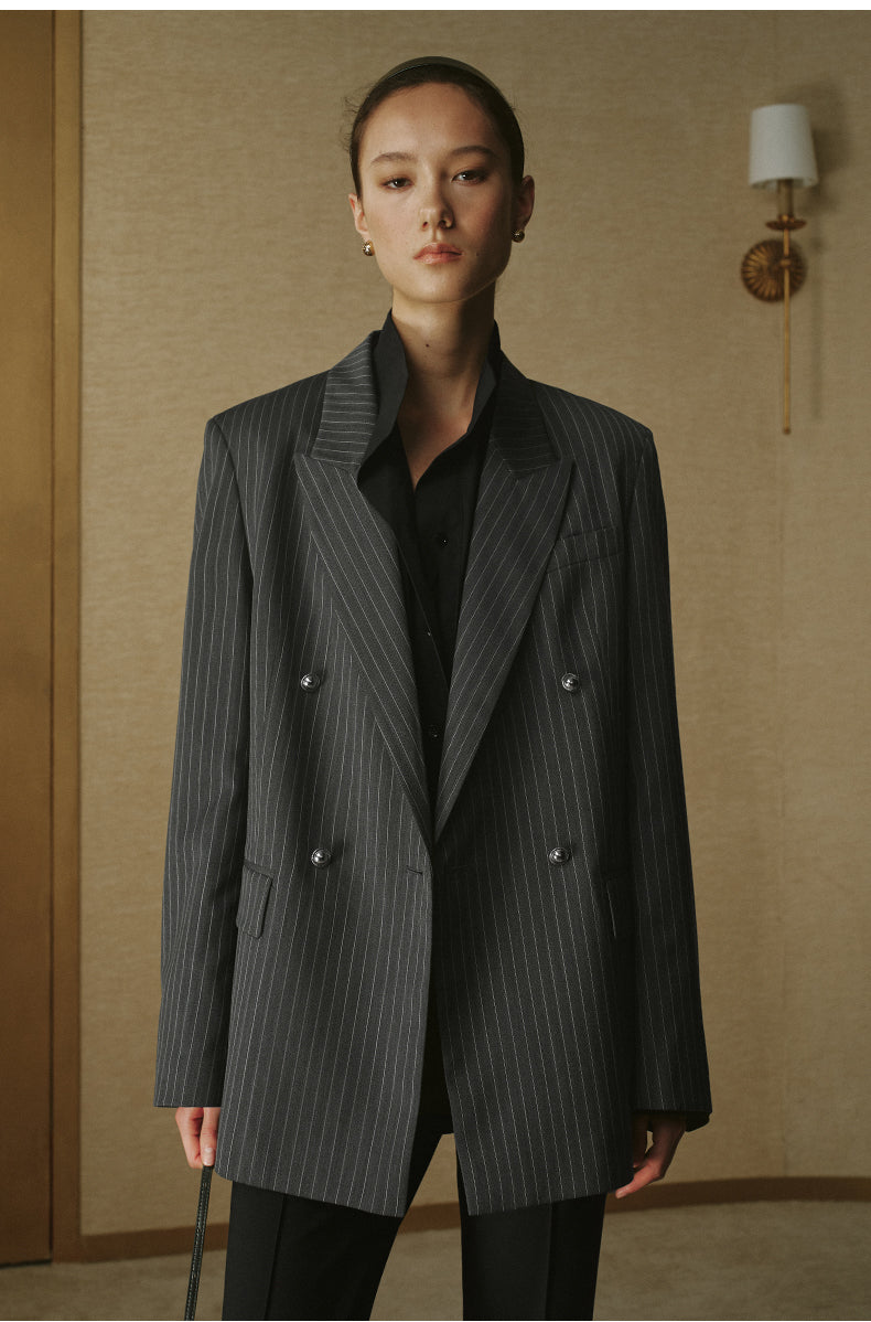 Double-Breasted Peak-Lapel Blazer - Grey White Stripe