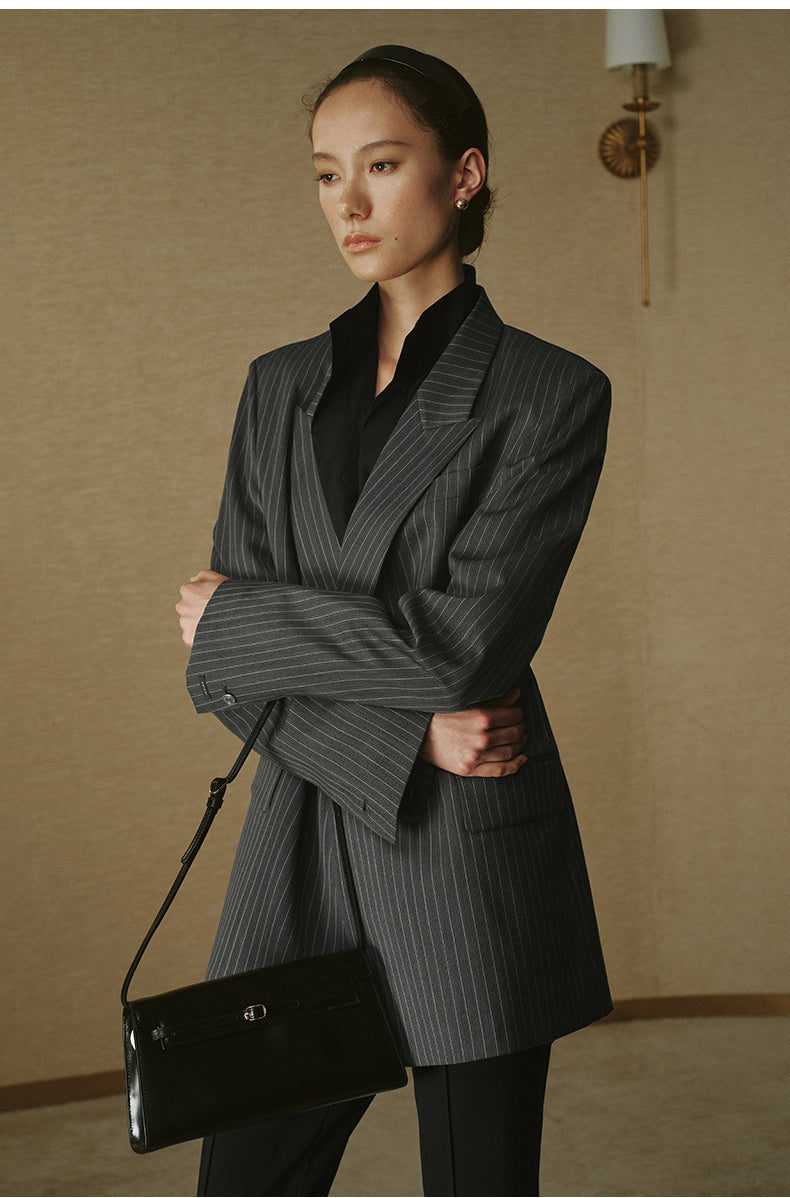 Double-Breasted Peak-Lapel Blazer - Grey White Stripe