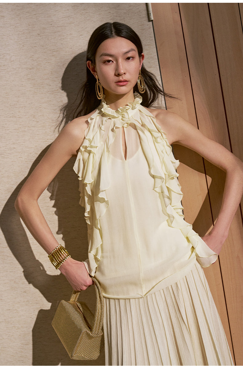 Ruffle Halter Sleeveless Blouse Dew White