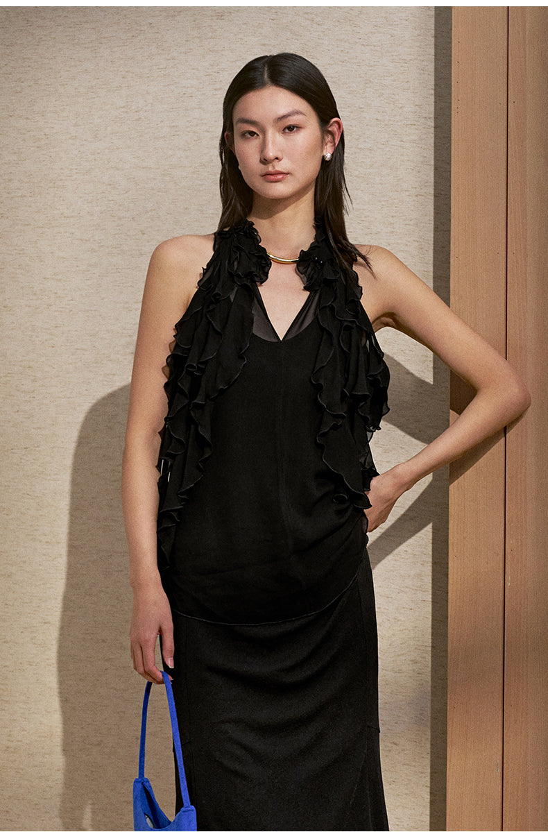 Ruffle Halter Sleeveless Blouse Ink Black