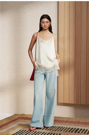 Lace Trim Acetate Cami Pearl White