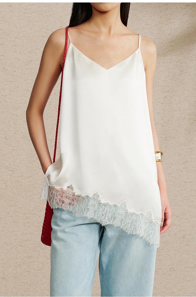 Lace Trim Acetate Cami Pearl White