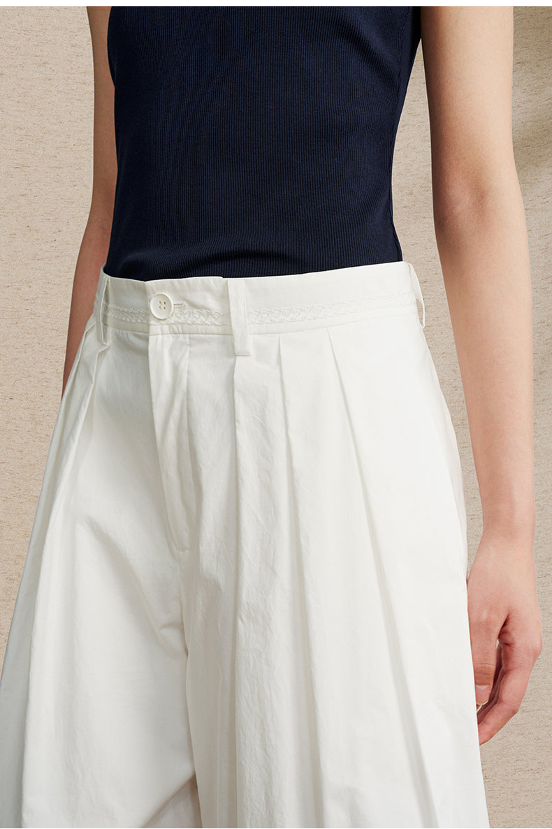 Pleated Cropped Wide Trousers Ivory White