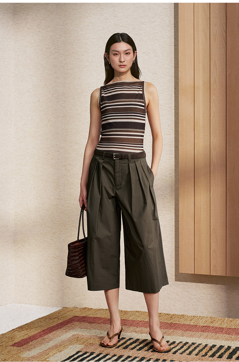 Pleated Cropped Wide Trousers Deep Coffee