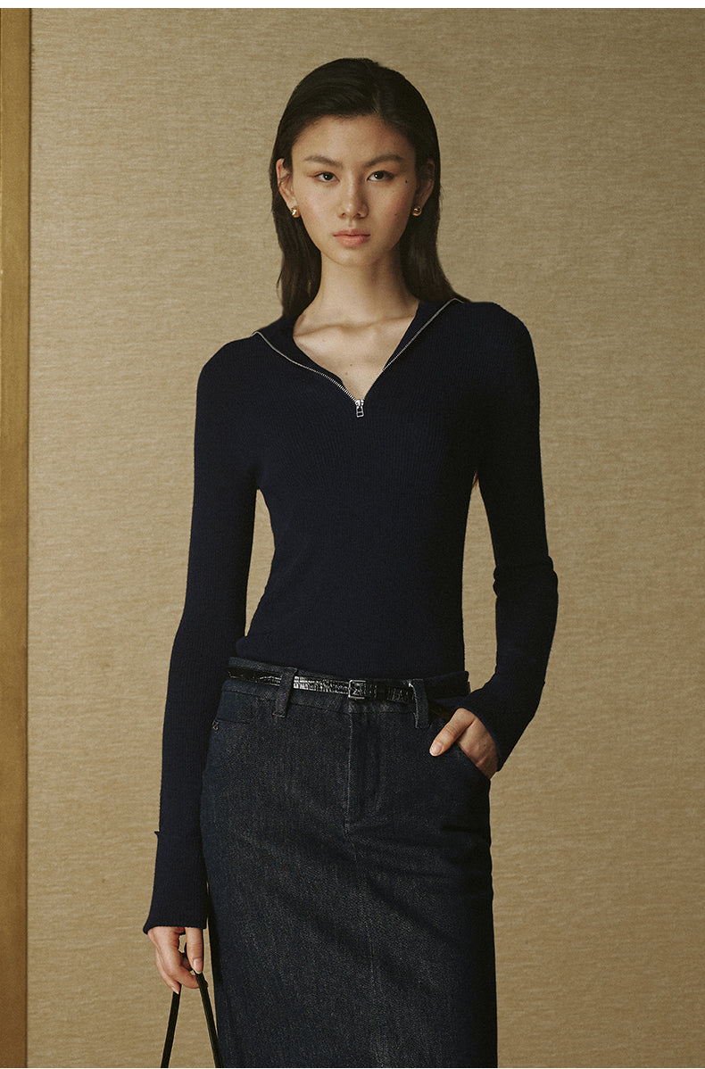 Zip-Collar Wool Knit - Deep Navy