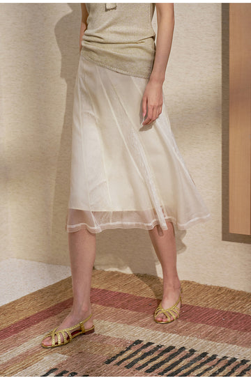 Lace Paneled Midi Skirt in Rice White