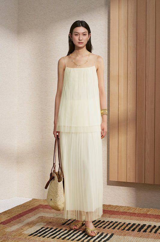 Pleated Sheer Midi Skirt in Light Apricot