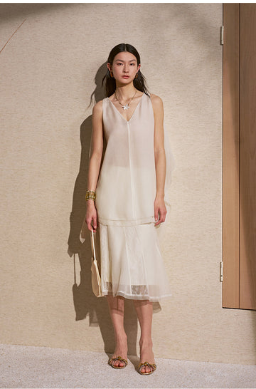 Lace Paneled Midi Skirt in Rice White