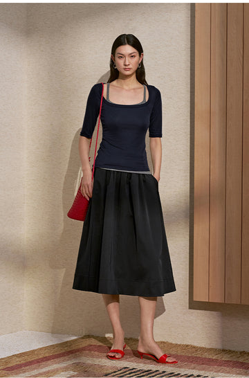 Layered Square Neck Tee in Deep Navy