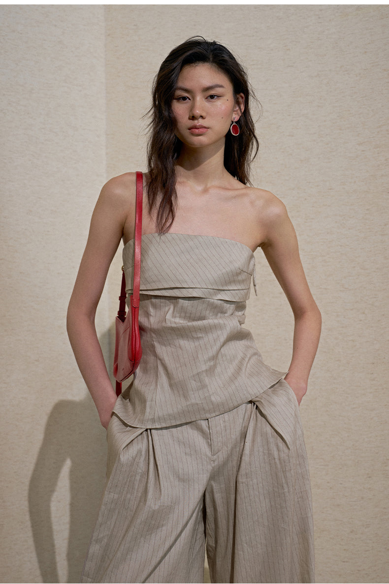 Printed Linen Bandeau Top - Natural Linen Brown Stripe