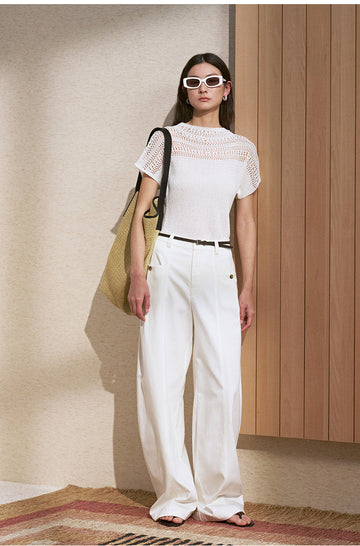 Linen-Blend Knit Tee in Vanilla White