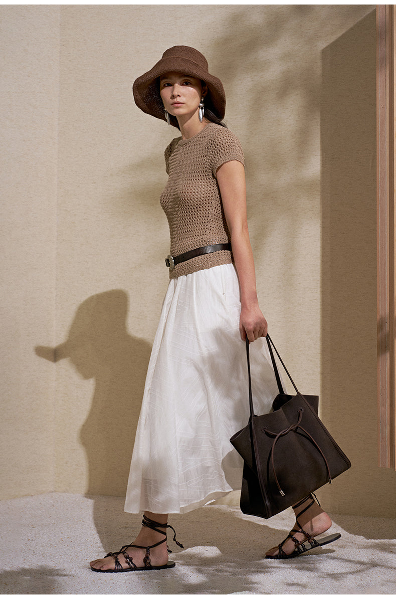 Embroidered Silk Cotton Skirt Ivory White