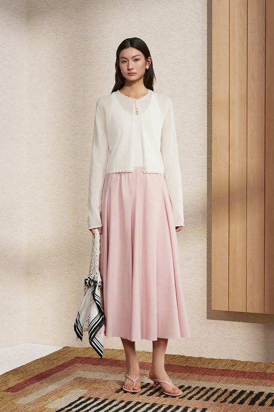 Scalloped Cotton Knit Cardigan in Ivory White