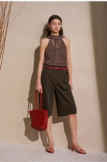 Pleated Tailored Bermuda Shorts in Deep Taupe Grey