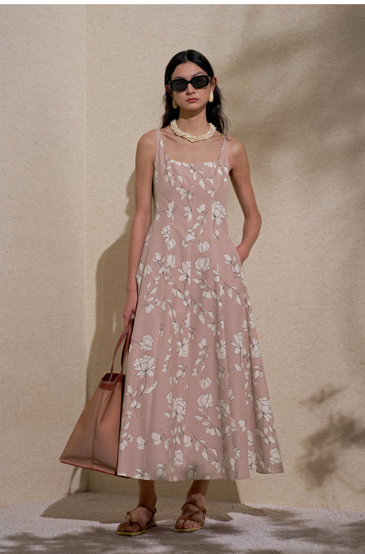 Printed Sleeveless Dress in Pink Leaf Print