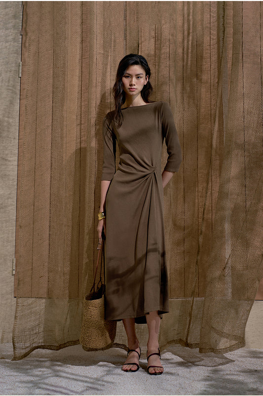 Off-Shoulder Midi Dress in Terracotta Taupe