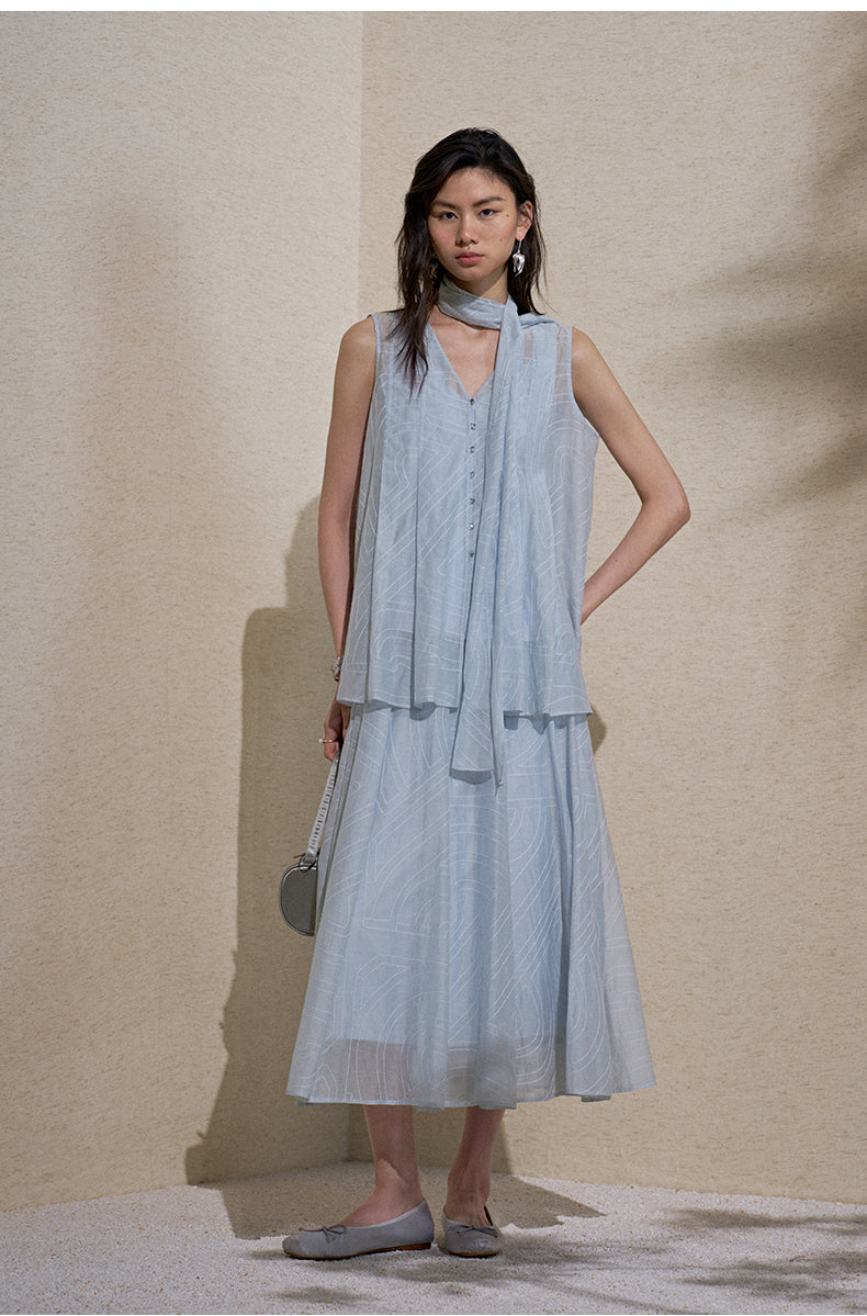 Embroidered Silk Cotton Skirt Ice Blue