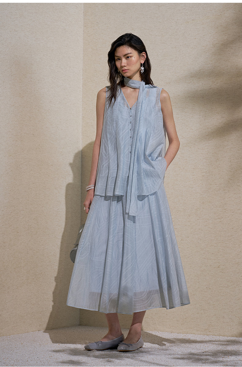 Embroidered Silk Cotton Skirt Ice Blue