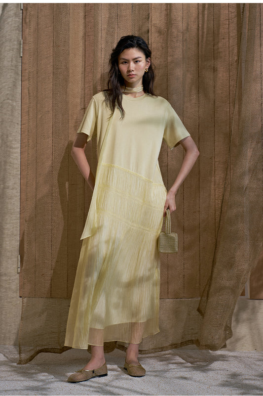 Tie-Neck Short Sleeve Dress in Mist Yellow