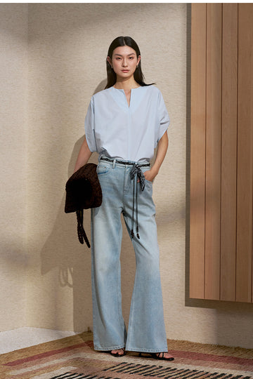 Petal Sleeve Cotton Shirt in Icy Blue