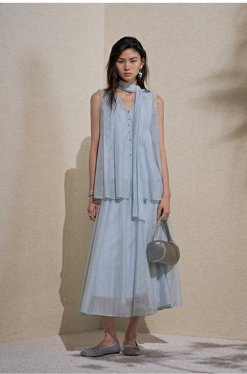 Embroidered Silk Cotton Skirt Ice Blue