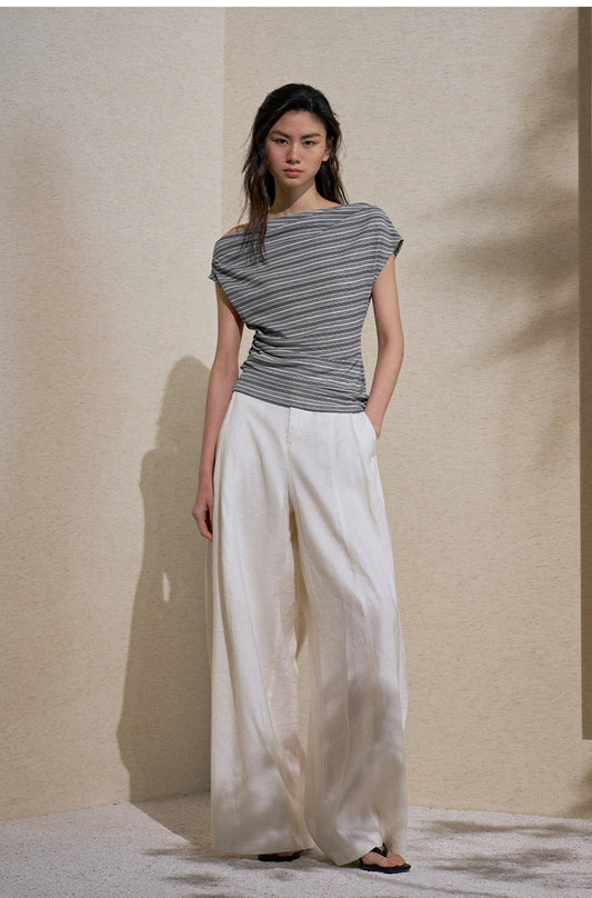 Printed Asymmetric Yarn Tee in Heather Grey Stripe