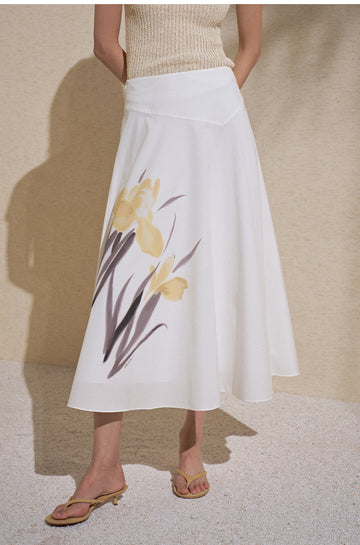 Printed Cotton A-Line Skirt in Ivory White