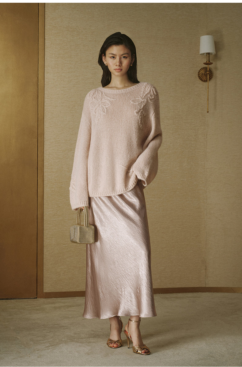Alpaca-Blend Floral Knit Sweater - Light Apricot Pink - view 2