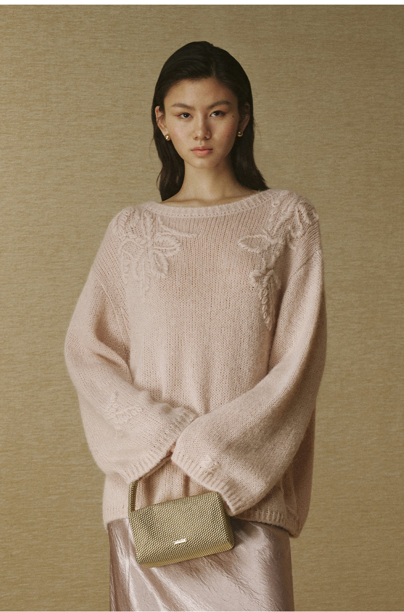 Alpaca-Blend Floral Knit Sweater - Light Apricot Pink - view 3