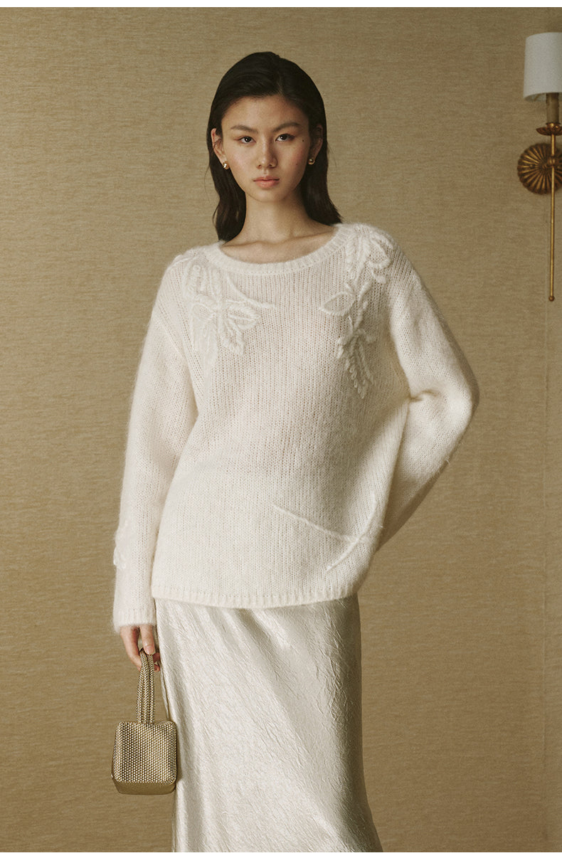 Alpaca-Blend Floral Knit Sweater - Ivory White - view 3