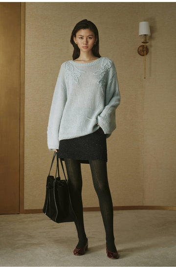 Alpaca-Blend Floral Knit Sweater - Clear Water Blue - view 1
